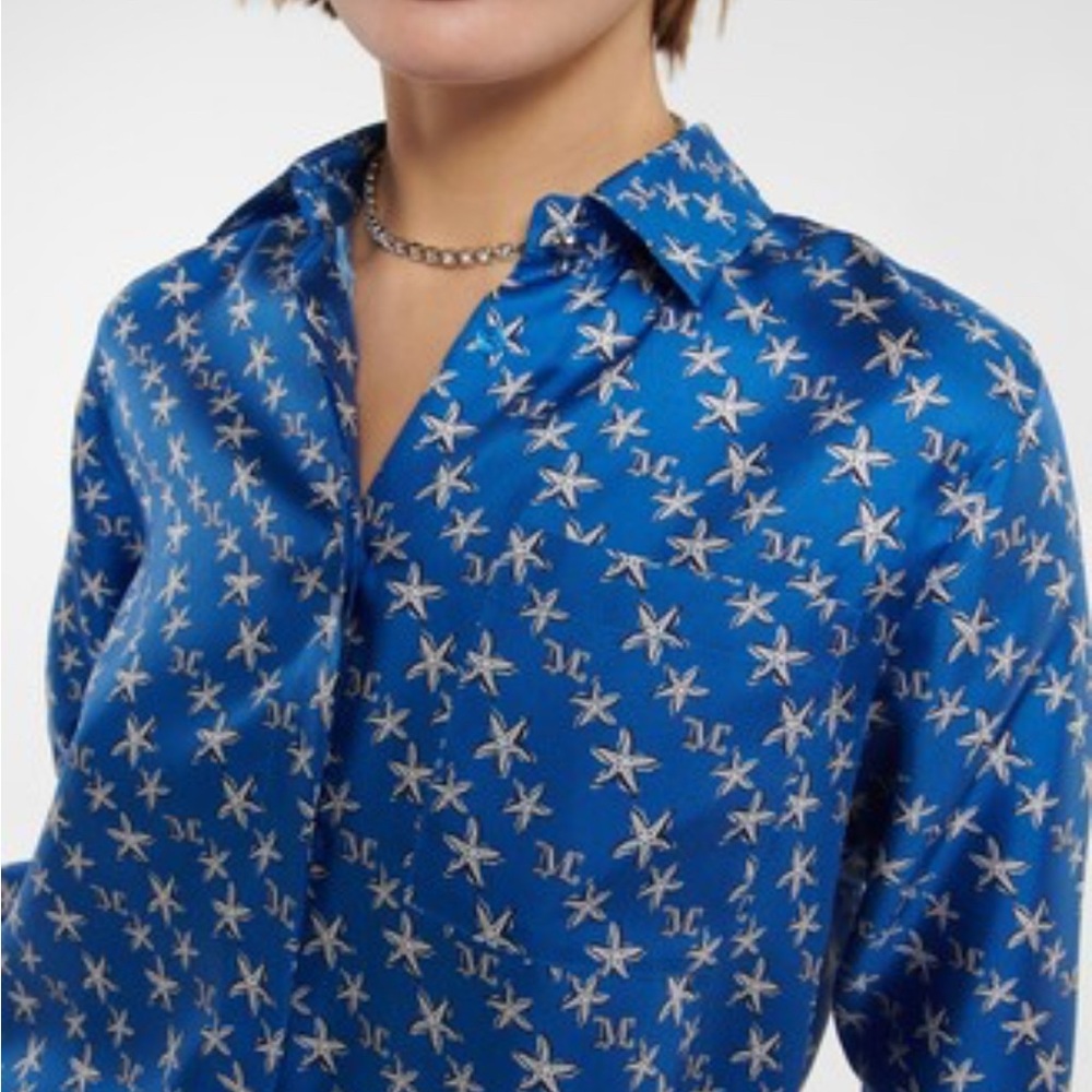 MaxMara Navy Star Pattern silk button  Shirt